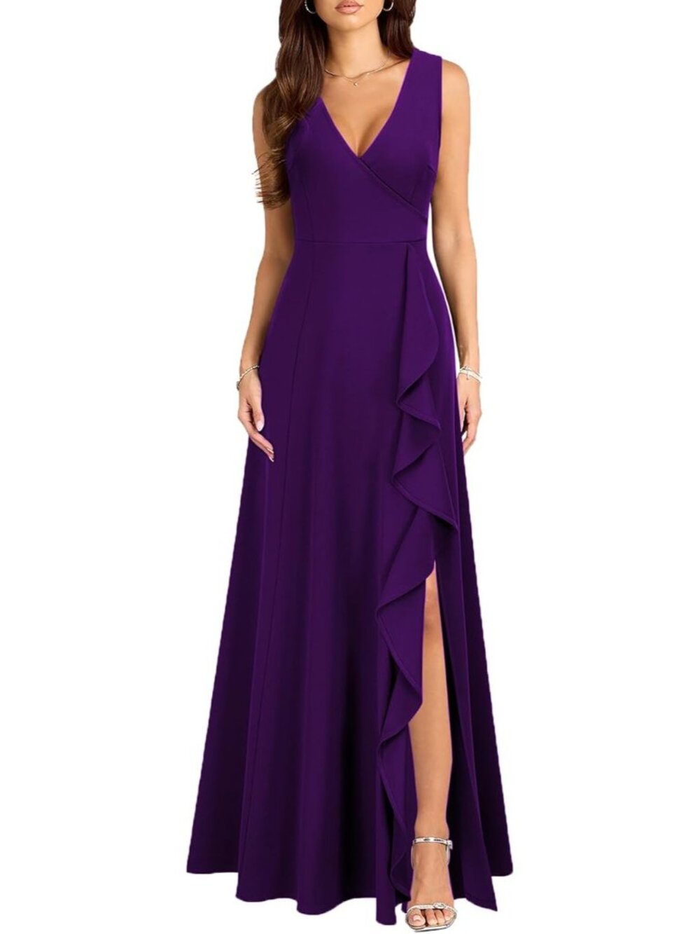 Women's Purple V Neck Sexy Split Cocktail With Pockets Ruffle Party Long Dresses